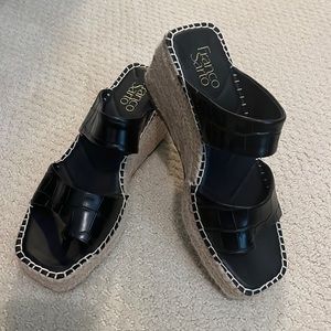 Women’s Franco Sarto genuine black leather wedge sandals, size 8.